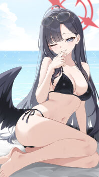  1girl absurdres ass bare_shoulders barefoot beach bikini black_bikini black_hair black_wings blue_archive blue_eyes blush breasts cleavage collarbone commentary_request day eyewear_on_head feathered_wings halo highres ichika_(blue_archive) long_hair looking_at_viewer low_wings navel ocean one_eye_closed open_mouth outdoors red_halo side-tie_bikini_bottom sitting smile solo stomach sunglasses sweat swimsuit toes umou_(may65879) wings yokozuwari 