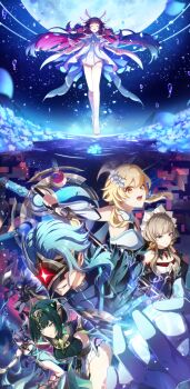  2boys 5girls absurdres ancient_egyptian_clothes antler_ornament antlers aqua_dress armlet ascot bare_shoulders black_collar black_gloves black_hair black_mask black_sleeves blonde_hair blue_ascot blue_dress blue_eyes blue_hair blue_trim blunt_ends bonnet bow breasts brown_hair claw_ring claws cleavage closed_eyes closed_mouth coat collar columbina_(genshin_impact) commentary_request covered_eyes deer_antlers deer_girl detached_collar detached_sleeves dottore_(genshin_impact) dottore_(heretic_of_the_false_moon)_(genshin_impact) dress earrings elbow_gloves evil_grin evil_smile eye_mask eye_tattoo fake_claws fake_sky feather_hair_ornament feathers flins_(genshin_impact) flower gem genshin_impact gloves gold green_eyes green_gem green_hair green_streaks grin hair_between_eyes hair_flower hair_ornament hair_over_one_eye half_mask head_wings headdress headpiece highleg highleg_dress highres horns jewelry large_breasts lauma_(genshin_impact) leaf_dress long_hair long_sleeves lumine_(genshin_impact) mark_under_eye mask mole mole_under_eye moon multicolored_flower multicolored_hair multiple_boys multiple_girls multiple_wings nefer_(genshin_impact) open_mouth partially_fingerless_gloves petals pointy_ears polearm purple_hair purple_streaks reindeer_girl ribbon romper sandrone_(genshin_impact) scarf short_hair short_hair_with_long_locks sidelocks single_earring smile sword symbol-shaped_pupils syringe_earrings tattoo triangle-shaped_pupils two-tone_hair usekh_collar very_long_hair watawata_nr_(siroraku) water water_drop weapon white_dress white_flower white_headdress white_romper white_scarf white_wings wing_hair_ornament wings wrist_bow yellow_eyes 