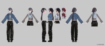  1girl black_hair black_pants black_shirt black_shoes blue_eyes blue_jacket blunt_bangs braid cargo_pants commentary_request crop_top cropped_shirt cross-laced_shoes denim denim_jacket full_body glasses grey_background grey_hair highres hitomyan hololive hololive_dev_is jacket juufuutei_raden juufuutei_raden_(flashpoint) long_hair midriff multicolored_hair multiple_views official_alternate_costume official_alternate_hairstyle official_art pants platform_shoes reference_sheet shirt shoes side_braid simple_background single_braid streaked_hair streetwear turnaround two-tone_hair undershirt virtual_youtuber white_shirt 