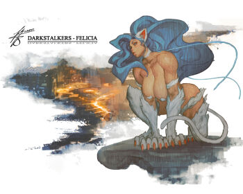  1girl all_fours animal_ears animal_hands big_hair blue_eyes blue_hair body_fur breasts cat_ears cat_girl cat_paws cat_tail character_name claws darkstalkers felicia_(darkstalkers) huge_breasts ickpot looking_at_viewer muscular muscular_female parted_lips solo tail wavy_hair white_fur 