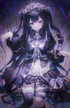  1girl absurdres ahoge asymmetrical_legwear black_dress black_hair black_thighhighs bow dress frilled_dress frills gothic_lolita hairband highres ke_song_da_ren_ye lolita_fashion lolita_hairband long_hair long_sleeves looking_at_viewer original parted_lips puffy_sleeves puppet_strings purple_eyes purple_nails purple_ribbon ribbon single_thighhigh solo thighhighs two_side_up very_long_hair watermark 