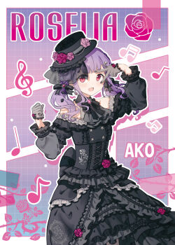  1girl :d alternate_costume alternate_hairstyle ascot bang_dream! bang_dream!_girls_band_party! bare_shoulders beamed_eighth_notes black_ascot black_bow black_dress black_ribbon blush bow brooch character_name chinese_commentary clothing_cutout commentary_request corset dress earrings eighth_note english_text flower frilled_dress frills gloves gothic_lolita grey_gloves hair_bow hair_ornament hat hat_flower highres jewelry layered_dress lolita_fashion long_hair long_sleeves looking_at_viewer low_ponytail migolu musical_note nuoweisenlin_tongren_gongzuoshi off_shoulder open_mouth pantyhose pink_flower pink_rose ponytail purple_hair red_eyes ribbon rose roselia_(bang_dream!) shoulder_cutout side_ponytail sidelocks smile solo twintails udagawa_ako 