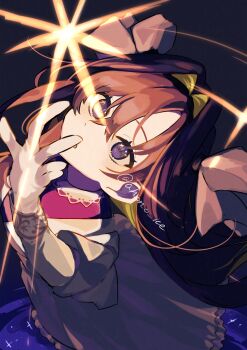  1girl :o absurdres aisu_(ahono_ice) arm_up blonde_hair blue_eyes blue_hair colored_inner_hair dark_background dress facing_up from_above gloves hair_intakes hand_up hashtag-only_commentary highres long_hair looking_up multicolored_hair reverse:1999 solo sparkle twitter_username upper_body voyager_(reverse:1999) white_dress white_gloves 