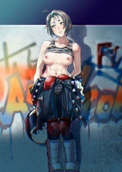  1girl abs ahoge azasuke biker_clothes bikesuit bodysuit breasts breasts_out brown_eyes brown_hair camouflage camouflage_shirt camouflage_tank_top clothes_around_waist gloves helmet highres holding holding_unworn_helmet jacket jacket_around_waist justice_gakuen kazama_akira leather leather_pants medium_breasts motorcycle_helmet muscular muscular_female nipples pants shirt short_hair simple_background skull_print solo tank_top topless_female unworn_headwear unworn_helmet 