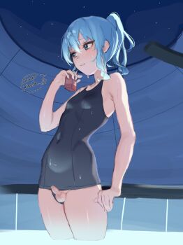  1girl absurdres aqua_hair ayeon blue_eyes breasts clothing_aside covered_navel drink_carton erection futanari highres hololive hoshimachi_suisei juice_box night penis ponytail school_swimsuit small_breasts small_penis solo swimsuit swimsuit_aside testicles virtual_youtuber 