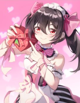  1girl blush bow box brown_hair chinese_commentary closed_mouth commentary dress hair_bow heart-shaped_box ling_huanxiang looking_at_viewer love_live! medium_hair pink_bow red_eyes solo two_side_up white_dress yazawa_nico 