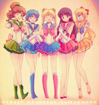 1990s_(style) 5girls ;d aino_minako bad_id bad_pixiv_id bishoujo_senshi_sailor_moon bishoujo_senshi_sailor_moon_(first_season) black_hair blonde_hair blue_eyes blue_footwear blue_hair blue_sailor_collar blue_skirt boots bow brooch brown_hair choker clenched_hand closed_eyes copyright_name double_bun elbow_gloves full_body gloves gradient_background green_boots green_eyes green_skirt hair_bobbles hair_bow hair_bun hair_ornament half_updo happy hino_rei holding_hands inner_senshi jewelry kino_makoto knee_boots long_hair magical_girl mizuno_ami multiple_girls one_eye_closed open_mouth orange_skirt pink_bow ponytail purple_eyes red_bow red_skirt retro_artstyle ribbon sailor_collar sailor_jupiter sailor_mars sailor_mercury sailor_moon sailor_moon_musical sailor_senshi_uniform sailor_venus saki_(hxaxcxk) sepia_background shoes short_hair skirt smile standing tiara tsukino_usagi twintails v white_gloves wink  rating:Sensitive score:30 user:danbooru