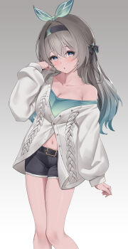  1girl absurdres alternate_costume belt black_belt black_hairband black_shorts blush breasts cardigan firefly_(honkai:_star_rail) gradient_background green_shirt grey_background grey_cardigan grey_hair hairband hashtag-only_commentary highres honkai:_star_rail honkai_(series) long_hair lunacle midriff navel parted_lips purple_eyes shirt short_shorts shorts single_off_shoulder solo 