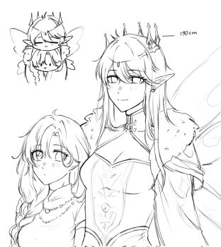  2girls :> =_= bead_necklace beads braid breasts cape chibi chin_rest circlet cleavage cleavage_cutout closed_mouth clothing_cutout collared_dress collared_shirt commentary crown dot_nose dress elbow_gloves english_commentary expressionless eyelashes eyes_visible_through_hair fairy fairy_wings fur-trimmed_cape fur_trim genderswap genderswap_(mtf) gloves hair_between_eyes hair_over_shoulder halfstar_(shining_nikki) head_on_head head_rest height_difference height_mark high_collar highres jewelry light_blush light_frown lineart long_hair long_sidelocks looking_at_viewer ludwig_(shining_nikki) medium_breasts multiple_girls multiple_views necklace nikki_(series) nonoberry22 pointy_ears shining_nikki shirt short_sleeves sidelocks simple_background single_braid very_long_hair white_background wings yuri 