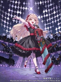  1girl black_dress black_nails blonde_hair boxcutter colored_sclera concert conductor_baton copyright_notice doll doll_joints dress dress_flower drum drum_set duel_masters flower frilled_dress frills guitar hairband holding holding_microphone instrument jenny_(duel_masters) joints long_hair microphone multicolored_dress murakami_hisashi music official_art open_mouth people playing_guitar playing_instrument red_dress red_flower red_hairband red_rose red_sclera red_shoes rose sharp_teeth shoes stairs standing standing_on_one_leg teeth trumpet upper_teeth_only weapon yellow_eyes 
