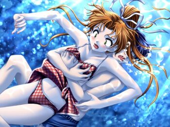  1boy 1girl air_bubble bad_source bikini blue_hair blue_male_swimwear blue_swim_trunks breasts bubble freediving gingham gingham_bikini grabbing_another's_breast green_eyes groping hetero hohoemi_o_mou_ichido_~smile_again~ long_hair male_swimwear mizushiro_takuya nakatani_haruna nipples orange_hair ponytail print_bikini print_swimsuit short_hair swim_trunks swimsuit ume-soft underwater  rating:Questionable score:8 user:szgdf