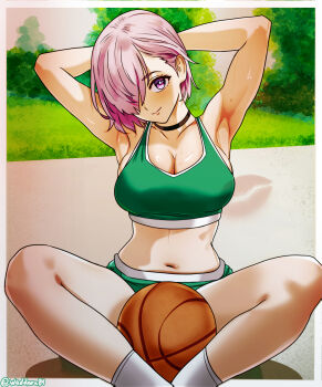  1girl absurdres armpits arms_behind_head arms_up ball bare_shoulders basketball_(object) blush breasts buruma choker cleavage commentary cosplay english_commentary fate/grand_order fate_(series) green_buruma green_sports_bra hair_over_one_eye highres large_breasts looking_at_viewer mash_kyrielight navel oldmanjenkins84 pink_hair purple_eyes rebecca_chambers rebecca_chambers_(cosplay) rebecca_chambers_(sportswear) resident_evil short_hair sitting smile solo sports_bra 