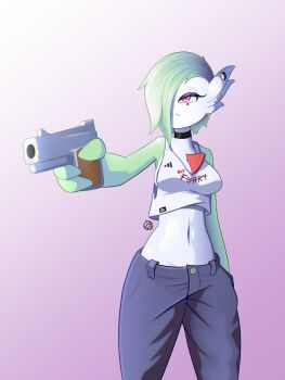  1girl 2024_summer_olympics :< aiming arm_at_side artist_name bare_shoulders black_choker blue_pants bob_cut breasts choker closed_mouth clothes_writing colored_skin crop_top denim deva.png earrings female_focus finger_on_trigger furry_(fandom) gardevoir gen_3_pokemon gradient_background green_hair green_skin gun hair_over_one_eye half-closed_eyes hand_in_pocket handgun highres holding holding_gun holding_weapon jeans jewelry looking_afar medium_breasts meme midriff mole mole_under_eye multicolored_skin multiple_earrings navel nintendo olympics one_eye_covered pants pokemon pokemon_(creature) purple_background red_eyes shirt short_hair sideboob signature simple_background sleeveless sleeveless_shirt solo split_mouth standing stomach two-tone_skin weapon white_shirt white_skin yusuf_dikec_(meme) 