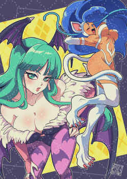  2girls animal_ears animal_feet animal_print armpits arms_behind_head artist_name bat_print black_leotard blunt_bangs body_markings breasts bridal_gauntlets brown_sleeves cat_ears cat_girl cat_tail claws cleavage clothing_cutout commentary commentary_request darkstalkers demon_girl demon_wings elbow_gloves english_commentary feather_trim feet_out_of_frame felicia_(darkstalkers) full_body gloves green_eyes green_hair hand_on_own_hip head_wings heart_cutout highres large_breasts leaning_forward leotard light_blush long_hair mixed-language_commentary morrigan_aensland multiple_girls navel off-shoulder_leotard one_eye_closed open_mouth pale_skin pantyhose parted_lips print_pantyhose revealing_clothes shikiwo signature smile straight_hair strapless strapless_leotard tail tan thighhighs thighs underboob watermark wavy_hair white_gloves white_thighhighs wings 