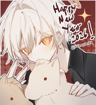  1boy 2026 adnachiel_(arknights) arknights black_shirt blush border collared_shirt commentary dot_nose english_commentary hair_intakes halo happy_new_year leaning_forward looking_at_viewer male_focus new_year open_clothes open_shirt outline portrait pushu red_background red_shirt shirt simple_background solo sparkle stuffed_animal stuffed_horse stuffed_toy tilted_halo traditional_halo twitter_username upper_body w white_border white_hair yellow_eyes 