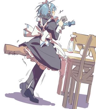  1boy absurdres ahoge alternate_costume alternate_hairstyle apron arm_hair black_dress black_shoes black_socks blue_hair blush bottle braid chair cleaning_rag commentary_request crossdressing crossdressing_(mtf) dark-skinned_male dark_skin disembodied_hand dress dutch_angle earrings enmaided facing_away frilled_apron frills from_behind fubuki_(nige_jouzu_no_wakagimi) full_body heart heart_earrings highres holding_cloth jewelry juliet_sleeves kneehighs long_sleeves low_twin_braids maid maid_apron maid_headdress male_focus male_maid motion_lines nige_jouzu_no_wakagimi open_mouth puffy_sleeves shadow shoes simple_background socks solo_focus spray_bottle surprised sweatdrop table twin_braids white_apron white_background wolf_cut xiao_(creation0528) 