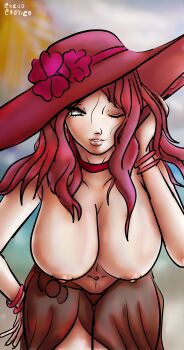  1girl absurdres bikini bikini_bottom_only black_bikini black_hat black_sarong blue_eyes blurry blurry_background breasts brown_eyes commentary corvocaotico dorothea_arnault dorothea_arnault_(summer) english_commentary fire_emblem fire_emblem:_three_houses fire_emblem_heroes gun hat highres large_breasts leaning_forward looking_at_viewer nintendo nipples official_alternate_costume one_eye_closed sarong self-upload smile sun_hat swimsuit thighs topless_female weapon 