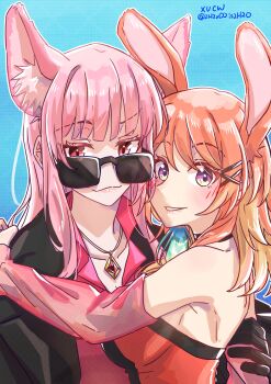  2girls absurdres alternate_costume blush breasts couple earrings feather_earrings feathers gradient_hair green_highlights highres hololive hololive_english jewelry large_breasts long_hair mori_calliope multicolored_hair multiple_girls official_alternate_costume open_mouth orange_hair pink_hair purple_eyes q_(hololive) red_eyes reflective_clothes shirt smile takanashi_kiara tasty_(takanashi_kiara) virtual_youtuber xu_chin-wen yuri 