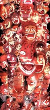  black_background crazy crazy_eyes crazy_grin everyone evil_grin evil_smile glowing glowing_eyes grin multiple_boys no_pupils open_mouth red_theme smile streaking tongue tongue_out upper_body 