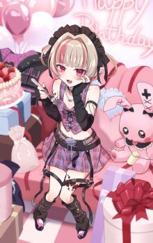  1girl :3 alternate_headwear arm_strap arm_warmers balloon bare_shoulders bat_necklace belt belt_buckle birthday_cake black_arm_warmers black_belt black_collar black_headdress black_leg_warmers black_ribbon black_straps blunt_bangs blush box buckle cake chain chain_necklace checkered_floor collar collarbone colored_inner_hair couch crop_top cross-laced_clothes cross-laced_top cushion debitto_(makaino_ririmu) earclip fangs flame_print food food_print fork from_above fruit_print full_body gift gift_bag gift_box grey_hair hair_intakes hair_ribbon hand_on_own_cheek hand_on_own_face hands_up happy_birthday heart heart_print highres holding holding_fork jacket jewelry leg_belt leg_tattoo leg_warmers lightning_bolt_print looking_at_viewer loose_belt maid_headdress makaino_ririmu makaino_ririmu_(6th_costume) midriff miniskirt multicolored_hair multiple_belts navel necklace nijisanji no_jacket o-ring o-ring_collar o-ring_thigh_strap on_couch open_mouth pendant pink_hair pink_shoes pink_skirt pink_streaks plaid_clothes plaid_skirt pleated_skirt pointy_ears red_eyes ribbon ruaruayana shoes short_hair shoulder_tattoo sitting skirt sleeveless smile solo spiked_collar spikes strawberry_print streaked_hair studded_belt stuffed_animal stuffed_rabbit stuffed_toy tattoo thigh_strap two-tone_hair two_side_up unworn_jacket virtual_youtuber winged_heart winged_heart_tattoo wolf_cut zipper_top 