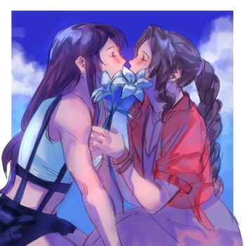  2girls aerith_gainsborough black_hair black_skirt black_sports_bra blue_sky blush border bracelet braid braided_ponytail brown_hair cloud dress earrings final_fantasy final_fantasy_vii final_fantasy_vii_remake flower flower_censor hands_on_ground hands_up holding holding_flower jacket jewelry kiss kneeling loiska_j miniskirt multiple_girls open_clothes open_jacket outdoors pink_dress red_jacket single_braid skirt sky somali_longhaired sports_bra straight_hair suspenders tank_top tifa_lockhart white_border white_flower white_tank_top yuri  rating:Sensitive score:9 user:danbooru