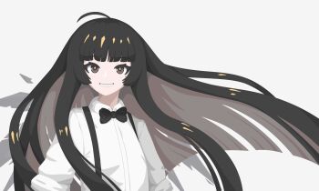  1girl absurdres ahoge arknights black_bow black_bowtie black_hair bow bowtie brown_hair colored_inner_hair commentary english_commentary gribberoni grin highres long_hair looking_at_viewer mole mole_under_eye multicolored_hair real_life sidelocks simple_background smile solo sweetest_music takeuchi_mariya teeth upper_body very_long_hair virtuosa_(arknights) white_background 