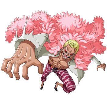  1boy abs attack blonde_hair bodskih donquixote_doflamingo full_body jumping looking_at_viewer manly non-web_source official_art one_piece one_piece_treasure_cruise pants pectorals short_hair solo sunglasses transparent_background 