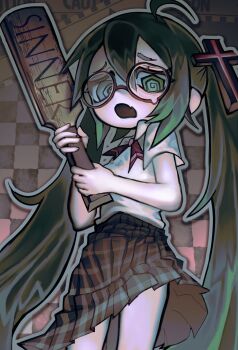  1girl @_@ ahoge collared_shirt confessions_of_a_rotten_girl_(vocaloid) cross_hair_ornament english_text fang glasses hair_ornament hatsune_miku highres holding holding_paddle long_hair nekowase open_mouth paddle plaid_clothes plaid_skirt pleated_skirt round_eyewear school_uniform shirt short_sleeves skin_fang skirt solo teardrop-framed_glasses twintails vocaloid white_shirt yaoi_paddle 