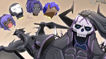  2girls 3boys armor assassin_(fate/zero) azrael_(sword)_(fate) black_cloak cloak dark-skinned_female dark-skinned_male dark_skin decapitation earrings execution fate/grand_order fate_(series) female_assassin_(fate/zero) glowing glowing_eyes hassan_of_serenity_(fate) hassan_of_the_cursed_arm_(fate) hassan_of_the_shining_star_(fate) highres horns jewelry king_hassan_(fate) long_hair mask meme multiple_boys multiple_girls musdraws naoya_hitting_choso_without_looking_(meme) ponytail purple_hair scrunchie severed_head short_hair skull skull_mask spikes upward_angle_frieren_drawing_(meme) yellow_eyes yellow_scrunchie you_get_used_to_it_(meme) 