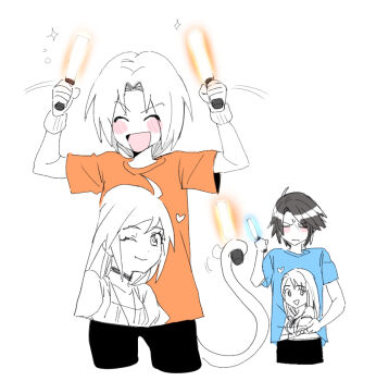  2boys 2girls black_choker black_pants blue_shirt blush cat_tail character_print choker commentary_request cow cropped_legs dede_(qwea_00000) final_fantasy final_fantasy_ix final_fantasy_viii furrowed_brow garnet_til_alexandros_xvii glowstick holding holding_glowstick holding_with_tail korean_commentary long_hair multiple_boys multiple_girls one_eye_closed open_mouth orange_shirt pants parted_bangs prehensile_tail print_shirt rinoa_heartilly scar scar_on_face scar_on_forehead shirt short_hair sketch smile sparkle squall_leonhart sweatdrop tail white_background zidane_tribal 