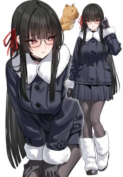  1girl absurdres alternate_costume bespectacled black_choker black_gloves black_jacket black_pantyhose black_skirt blush boots breasts capybara chisa_(wuthering_waves) choker closed_mouth commentary fur-trimmed_jacket fur_trim glasses gloves hair_ribbon hand_up highres jacket large_breasts leaning_forward long_hair long_sleeves looking_to_the_side mole mole_under_eye multiple_views namipon_(wuthering_waves) paid_reward_available pantyhose red_eyes red_ribbon ribbon shigure_s simple_background skirt white_background white_boots wuthering_waves 