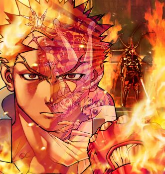 2girls 5boys absurdres armor claws clenched_hand closed_mouth demon_hyo edaki_shin'ya fighting_stance fire forked_eyebrows full_armor game_cg glasses highres holding holding_sword holding_weapon ichimonji_batsu imawano_hyo justice_gakuen kagami_kyosuke kirishima_kurow looking_at_viewer male_focus moero!_justice_gakuen multiple_boys multiple_girls non-web_source official_art open_mouth orange_hair projected_inset roy_bromwell scar scar_on_face scar_on_forehead spiked_hair standing sword taiyou_gakuen_uniform tiffany_lords upper_body veins veiny_hands wakaba_hinata weapon