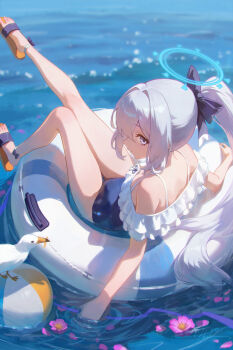  1girl absurdres animal artist_name bare_shoulders beach bird black_bow blue_archive blue_halo blue_one-piece_swimsuit bow breasts chinese_commentary closed_mouth commentary_request day feet flower flower_on_liquid frilled_one-piece_swimsuit frills from_above from_behind hair_between_eyes hair_bow hair_intakes halo highres innertube leg_up legs long_hair looking_at_viewer looking_back lying miyako_(blue_archive) miyako_(swimsuit)_(blue_archive) ocean off-shoulder_one-piece_swimsuit off_shoulder official_alternate_costume on_innertube one-piece_swimsuit orange_sandals outdoors pink_flower ponytail purple_eyes sandals seagull shali sidelocks small_breasts solo sunlight swim_ring swimsuit thighs toes turning_head very_long_hair waves wet white_hair 