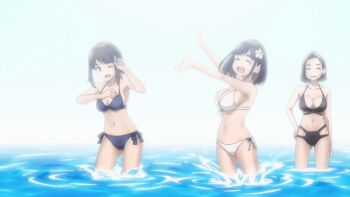  2021 20s 3girls animated animated_gif ass bikini black_bikini blurry breasts brown_eyes brown_hair cleavage douki-chan_(douki-chan) flower front-tie_bikini_top front-tie_top ganbare_douki-chan hair_flower hair_ornament halterneck happy highres innertube kouhai-chan_(douki-chan) large_breasts legs medium_breasts medium_hair midriff miru_tights mole mole_on_breast mole_on_cheek multiple_girls navel open_mouth outdoors pool senpai-san_(douki-chan) side-tie_bikini_bottom smile splashing standing swim_ring swimsuit tagme thighs water wet wet_clothes wet_swimsuit white_bikini 