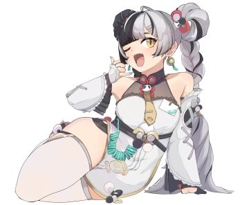  1girl ;d bare_shoulders black_hair braid china_dress chinese_clothes commentary_request detached_sleeves dialyn_(zenless_zone_zero) dress earrings grey_hair hair_ornament highres jewelry long_hair long_sleeves looking_at_viewer multicolored_hair necktie one_eye_closed open_mouth samejimamayu simple_background smile solo split-color_hair thighhighs white_background white_sleeves white_thighhighs yellow_eyes yellow_necktie zenless_zone_zero 