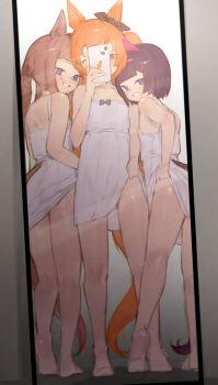  3girls animal_ears ass barefoot black_bow black_hair black_tail bow braid braided_hair_rings brown_hair brown_tail clothes_lift dress dress_lift ear_bow flat_chest hair_rings highres horse_ears horse_girl horse_tail kneepits legs lifting_own_clothes loli mayano_top_gun_(umamusume) mirror_selfie multiple_girls nishino_flower_(umamusume) no_panties orange_eyes orange_hair purple_eyes reflection reflection_focus selfie smile standing sundress sweep_tosho_(umamusume) tail theflatfacadeds thighs two_side_up umamusume white_dress 