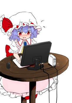  1girl :d aichinomiya ascot blush computer drawing drawing_tablet fangs female_focus flying_sweatdrops happy hat highres motion_lines open_mouth remilia_scarlet smile solo table touhou  rating:Sensitive score:12 user:danbooru