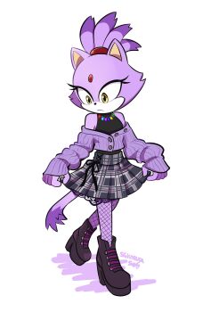 1girl :< alternate_costume animal_ears animal_nose artist_name bare_shoulders black_boots black_gemstone black_pantyhose black_ribbon black_shirt blaze_the_cat blue_gemstone body_fur boots breasts buttons cardigan cat_ears cat_girl cat_tail closed_mouth colored_tips curtsey female_focus fishnet_pantyhose fishnets forehead_jewel full_body furry furry_female gem green_gemstone grey_skirt heel_up high_heels jewelry karutasg lace lace-trimmed_skirt lace_trim long_sleeves looking_down multicolored_hair necklace off_shoulder pantyhose plaid_clothes plaid_skirt platform_boots pleated_skirt purple_cardigan purple_fur purple_gemstone purple_hair red_gemstone ribbon shirt short_hair signature simple_background skirt sleeveless sleeveless_shirt sleeves_past_wrists small_breasts sol_emerald solo sonic_(series) standing tail topknot two-tone_fur white_background white_fur yellow_eyes yellow_gemstone