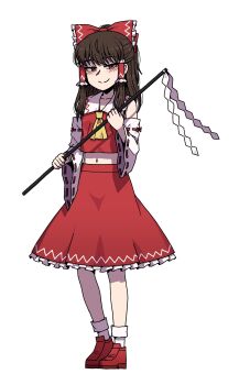  1girl ascot bow brown_hair commentary commission cropped_shirt detached_sleeves english_commentary frilled_bow frilled_hair_tubes frills full_body gohei hair_bow hair_tubes hakurei_reimu highres holding holding_gohei karepack long_hair looking_at_viewer midriff navel red_bow red_eyes red_shoes red_skirt ribbon-trimmed_sleeves ribbon_trim shoes sidelocks simple_background skirt skirt_set smile socks solo standing touhou white_background white_socks yellow_ascot 