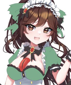  1girl :d absurdres blush bow breasts brown_eyes brown_hair cleavage commentary fang frills green_bow hair_bow highres korotrishia large_breasts long_hair looking_at_viewer maid maid_headdress open_mouth reiuji_utsuho short_sleeves simple_background smile solo third_eye touhou untranslatable_commentary upper_body white_background 