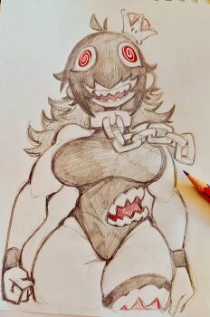 breasts chain chain_chomp chain_leash gaokoda_san hair_over_eyes highres hip_dips large_breasts leash leotard mario_(series) messy_hair nintendo open_mouth princess_chain_chomp sharp_teeth single_thighhigh super_crown teeth thick_thighs thighhighs thighs traditional_media 