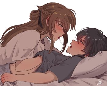  2girls black_hair blush braid brown_hair commentary eye_contact grabbing_another's_breast grey_shirt groping half_up_braid hand_under_clothes hand_under_shirt highres long_hair looking_at_another miyagi_shiori multiple_girls on_bed piapie06 pillow profile purple_eyes saliva saliva_trail sendai_hazuki shirt shuuniichido_classmate_wo_kau_hanashi simple_background sweat tongue tongue_out untranslatable_commentary upper_body white_background white_shirt yuri 