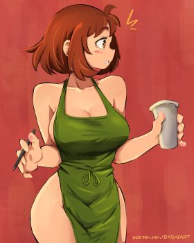  1girl ^^^ absurdres apron artist_name bare_shoulders blush blush_stickers boku_no_hero_academia breasts brown_eyes brown_hair cleavage collarbone cowboy_shot cup dashi_(dashiart) disposable_cup facing_viewer female_focus green_apron highres holding holding_cup holding_pen iced_latte_with_breast_milk_(meme) large_breasts looking_to_the_side matching_hair/eyes meme naked_apron parted_lips patreon_username pen red_background short_hair sidelocks solo teeth thighs uraraka_ochako watermark web_address wide_hips  rating:Sensitive score:129 user:danbooru