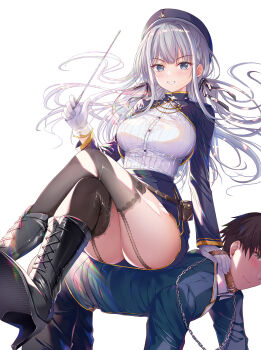  1boy 1girl all_fours ass black_boots black_pants black_ribbon blue_eyes blue_hat blue_jacket blue_skirt blush boots breasts brown_collar brown_hair brown_thighhighs chain chain_leash collar commentary_request crossed_legs floating_hair garter_straps gloves grey_hair hair_ribbon hat high_heel_boots high_heels highres holding holding_leash jacket lace-up_boots leash long_hair long_sleeves medium_breasts original pants peaked_cap pointer ribbon shirt simple_background sitting sitting_on_person skirt smile sousouman thighhighs thighhighs_under_boots very_long_hair white_background white_gloves white_shirt  rating:Sensitive score:7 user:danbooru