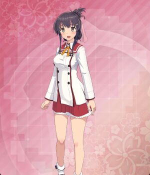  1girl :d bare_legs blush breasts buttons commentary_request dot_nose double-breasted double-parted_bangs feet_out_of_frame floral_background game_cg green_eyes hair_ornament hair_ribbon hair_rings hairclip highres large_breasts long_sleeves looking_at_viewer minoseki_academy_school_uniform neck_ribbon official_art open_mouth pink_background pink_ribbon purple_hair red_sailor_collar red_skirt resized ribbon sailor_collar school_uniform shirt sidelocks single_hair_ring skirt smile socks solo third-party_source toji_no_miko toji_no_miko:_kizamishi_issen_no_tomoshibi upscaled variant_set white_shirt white_socks yanase_mai yellow_ribbon 