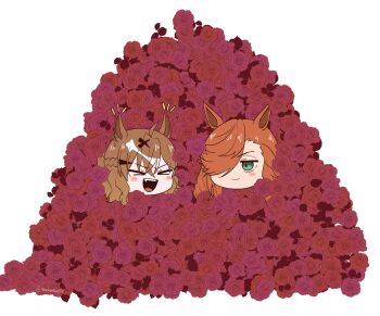  >_< 2girls :d ahoge akasukiane04 animal_ears blush braid brown_hair chibi chibi_only closed_mouth commentary crossed_bangs english_commentary excited fang flower green_eyes hair_between_eyes hair_ornament hair_over_one_eye hairclip half_up_braid head_only highres horse_ears horse_girl jungle_pocket_(umamusume) long_hair multiple_girls notched_ear open_mouth partially_buried pile red_flower red_rose rose smile toni_bianca_(umamusume) umamusume umamusume:_cinderella_gray x_hair_ornament 