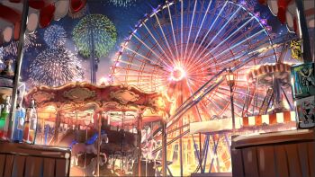  aerial_fireworks amusement_park bottle box carousel commentary english_commentary ferris_wheel fireworks grape_(grapedraws) lamppost night no_humans original roller_coaster sky 