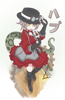  1girl adjusting_eyewear alternate_costume apron black_boots black_gloves black_hat black_thighhighs boots card collared_dress commentary dress elbow_gloves fingerless_gloves forked_tongue frilled_dress frills gears gloves goggles goggles_on_headwear grey_apron grey_hair hair_between_eyes hat highres industrial_pipe jack-o'-lantern_(kemono_friends) kemono_friends necktie official_alternate_costume okinawa_habu_(kemono_friends) onefiresticks playing_card puffy_sleeves red_dress short_hair sidelocks slit_pupils snake_girl snake_print snake_tail steampunk symbol-only_commentary tail thighhighs tongue white_necktie yellow_eyes 