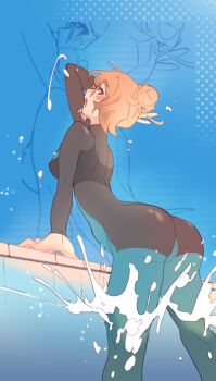  1girl brown_hair commission commissioner_upload diving_suit from_behind from_below hair_bun highres looking_at_viewer looking_back morgan_(teuthidan) nova_borealis original poolside round_eyewear single_hair_bun skin_tight wading water 