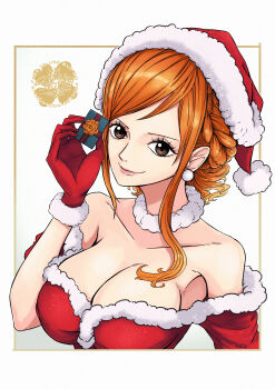  1girl absurdres alternate_costume alternate_hairstyle border breasts brown_eyes christmas cleavage closed_mouth commentary dress earrings fur-trimmed_dress fur-trimmed_gloves fur_collar fur_trim gift gloves hair_up hand_up hat highres holding holding_gift inset_border jewelry large_breasts lips long_single_sidelock looking_at_viewer nami_(one_piece) one_piece orange_hair outside_border pearl_earrings red_dress red_gloves santa_hat sherumaru_(korcht06) short_sleeves signature smile solo strapless strapless_dress upper_body white_background white_border 